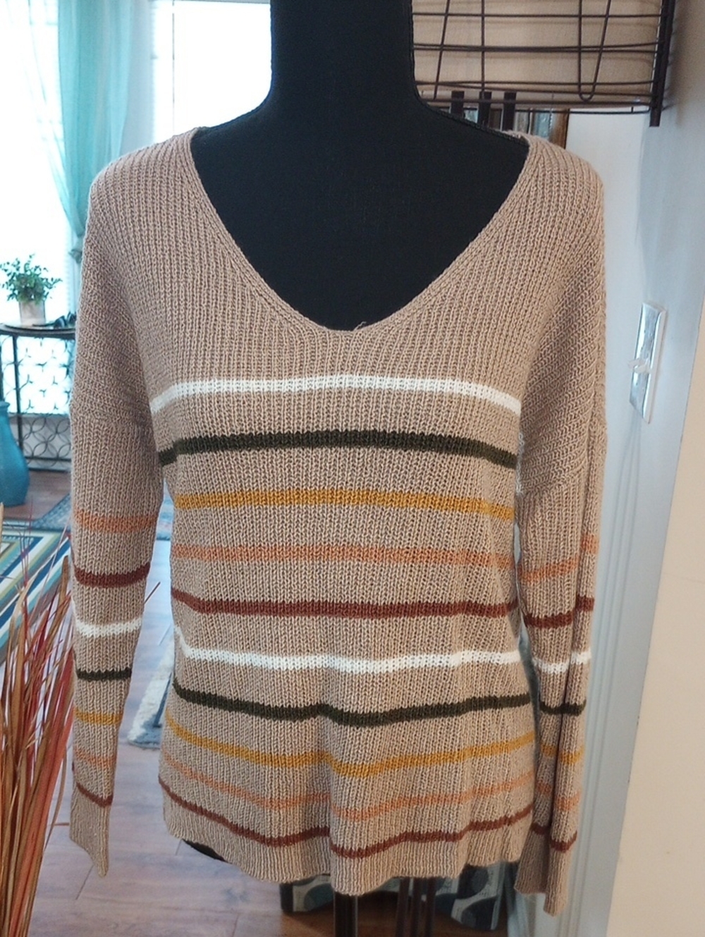 Wishlist Taupe V-Neck Sweater with Multicolor Stripes